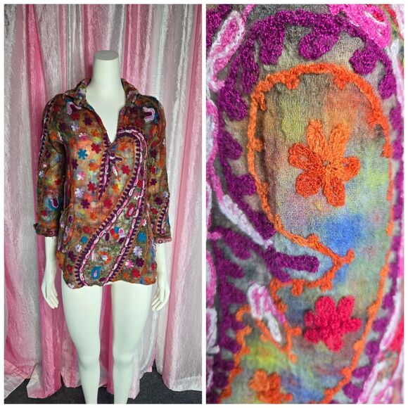 ANU 100% Wool Unique Floral Embroidered Boho Hippie Colorful Blouse Size Medium - Picture 1 of 14